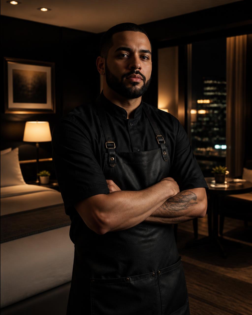 Moses Nunez, private mobile barber, in a dimly lit New York hotel room